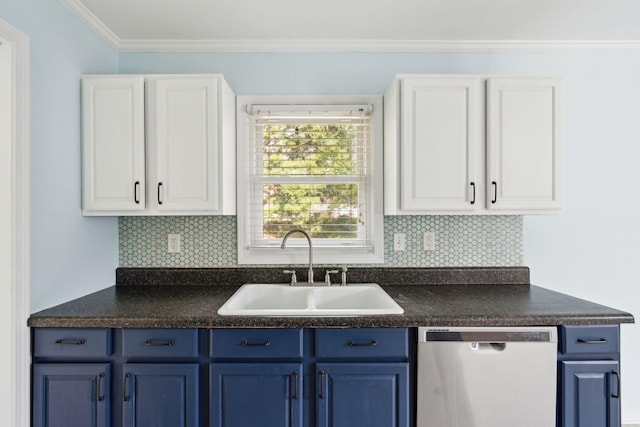 kitchen featuring blue cabinets, white cabinets, a sink, and stainless steel dishwasher