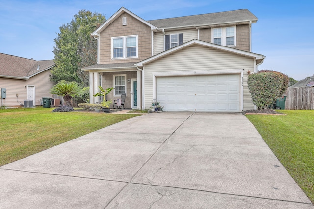 view of front of house with central AC and a front yard