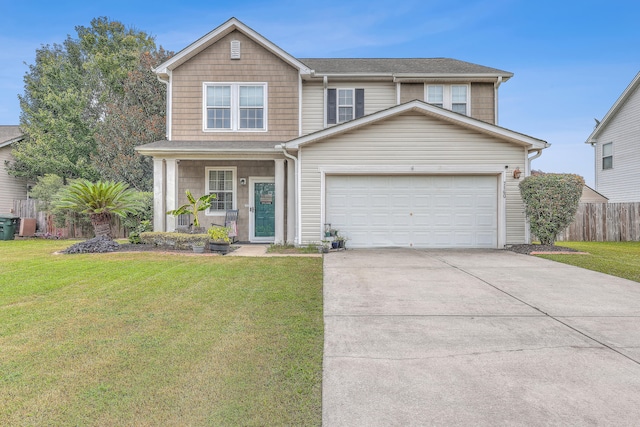 view of front of property with a garage, a porch, and a front lawn