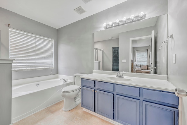 full bathroom featuring plus walk in shower, tile patterned floors, vanity, and toilet