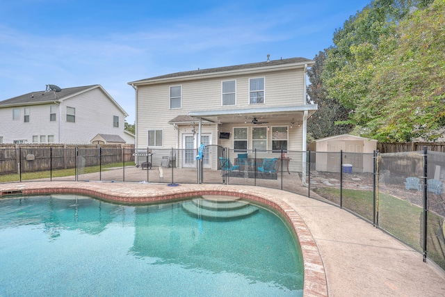 view of pool with a patio, ceiling fan, and a shed