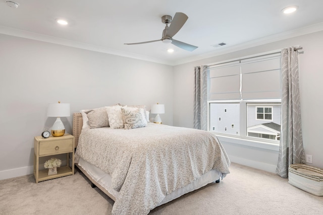 411 Katies Scenic Ct, Wando, SC 29492 - bedroom with light colored carpet, ornamental molding, baseboards, recessed lighting, and a ceiling fan