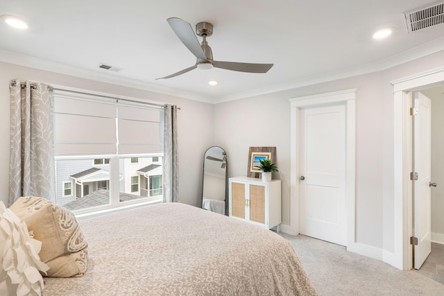 411 Katies Scenic Ct, Wando, SC 29492 - bedroom with baseboards, recessed lighting, ornamental molding, carpet, and ceiling fan