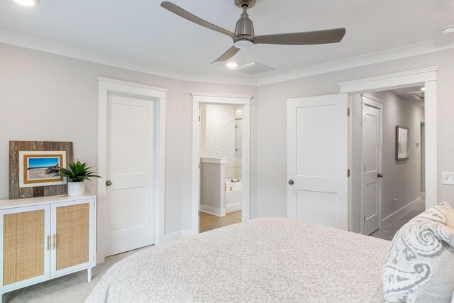 411 Katies Scenic Ct, Wando, SC 29492 - carpeted bedroom with ensuite bath, crown molding, baseboards, ceiling fan, and recessed lighting