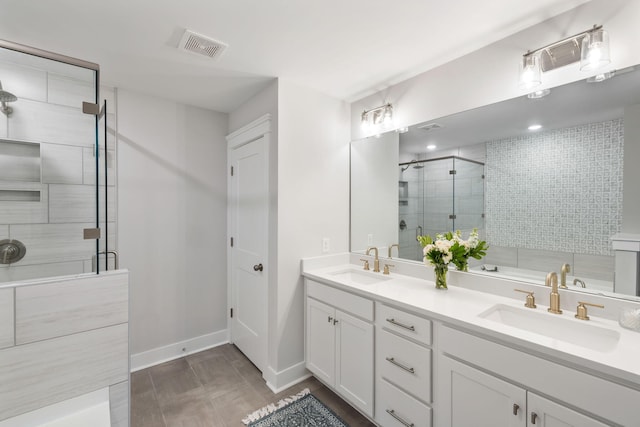 411 Katies Scenic Ct, Wando, SC 29492 - bathroom with a shower stall, baseboards, and double vanity