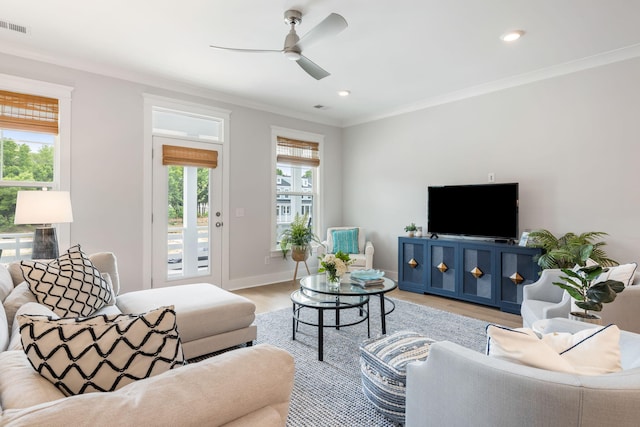411 Katies Scenic Ct, Wando, SC 29492 - living room featuring ornamental molding, light wood finished floors, a ceiling fan, recessed lighting, and baseboards