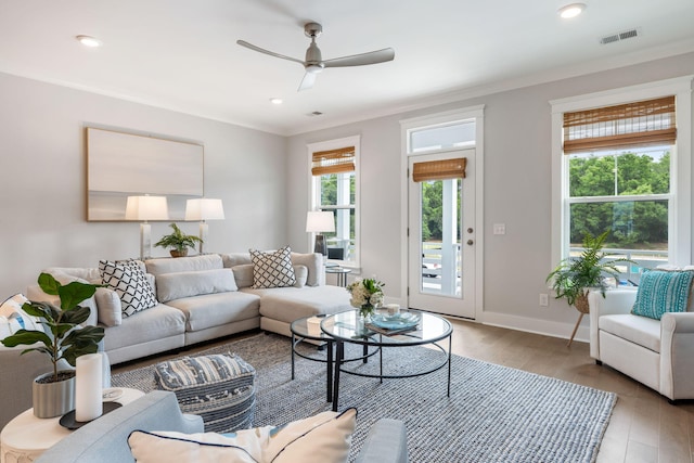 411 Katies Scenic Ct, Wando, SC 29492 - living area featuring ceiling fan, ornamental molding, light wood finished floors, recessed lighting, and baseboards