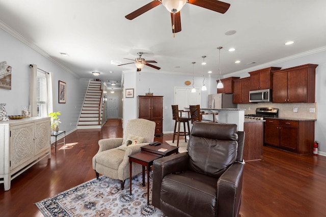 living room featuring crown molding, stairway, dark wood-style floors, and baseboards