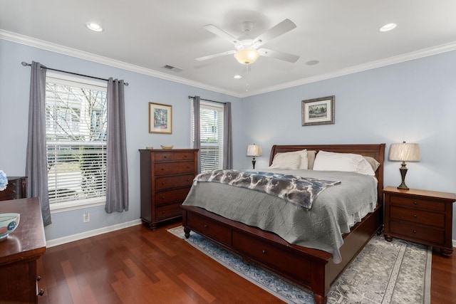 bedroom with visible vents, baseboards, ornamental molding, recessed lighting, and wood finished floors