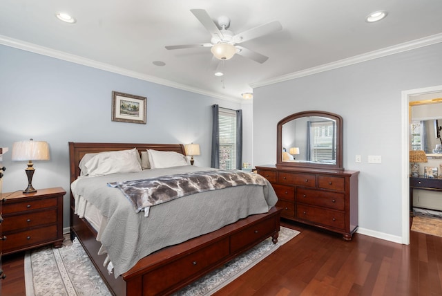 bedroom featuring recessed lighting, wood finished floors, baseboards, and ornamental molding