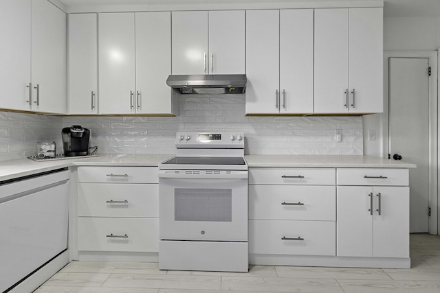 kitchen with electric stove, under cabinet range hood, white cabinetry, light countertops, and dishwasher