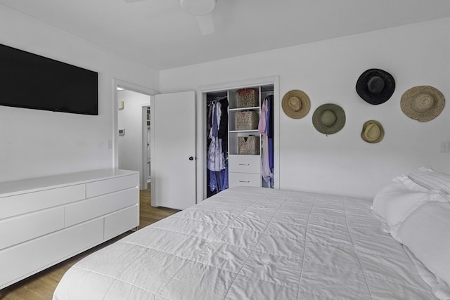 bedroom featuring wood finished floors, a closet, and ceiling fan