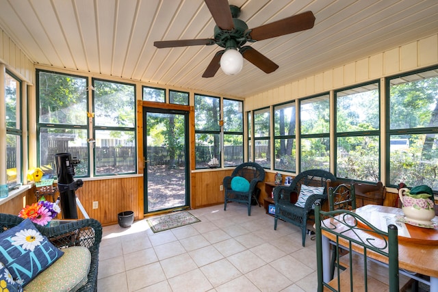 sunroom featuring ceiling fan and wooden ceiling