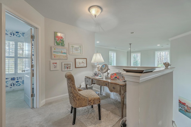 carpeted office with ornamental molding, recessed lighting, and baseboards