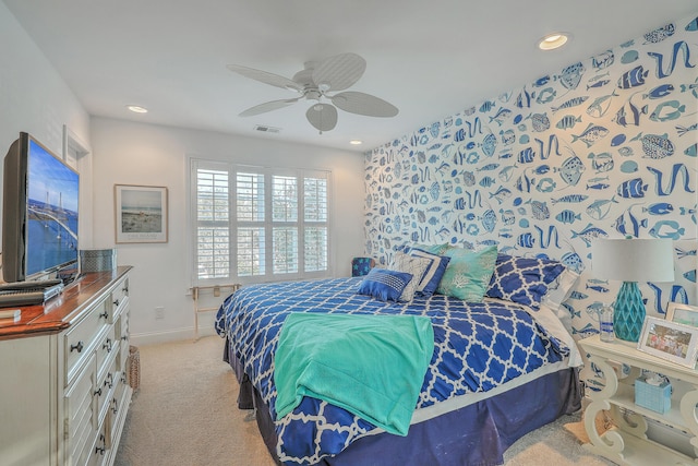 bedroom with recessed lighting, visible vents, and light colored carpet