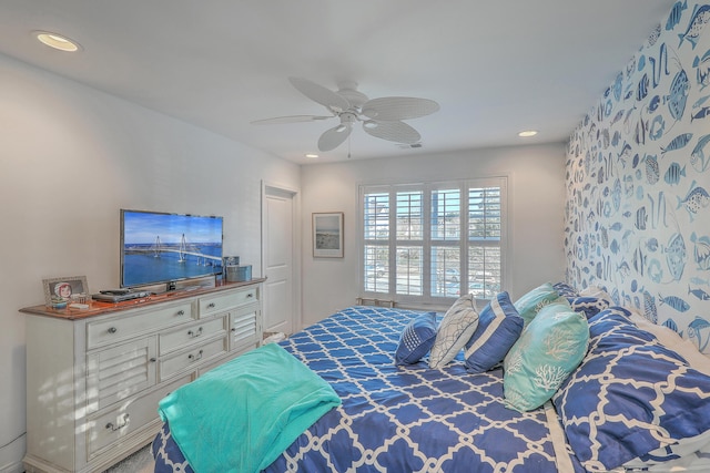 bedroom with ceiling fan, visible vents, and recessed lighting