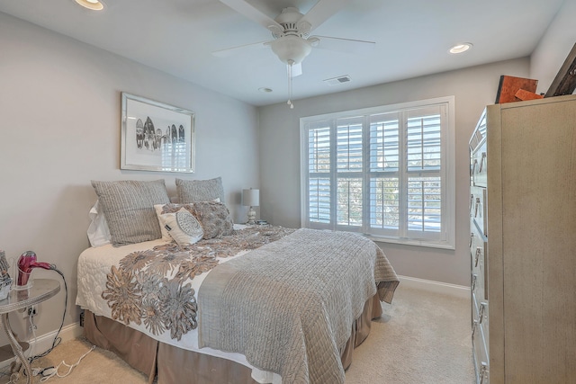 bedroom with recessed lighting, a ceiling fan, visible vents, baseboards, and carpet