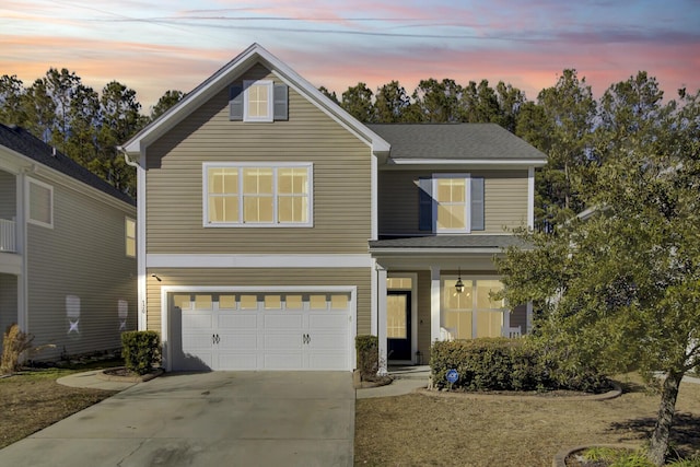 front facade with a garage