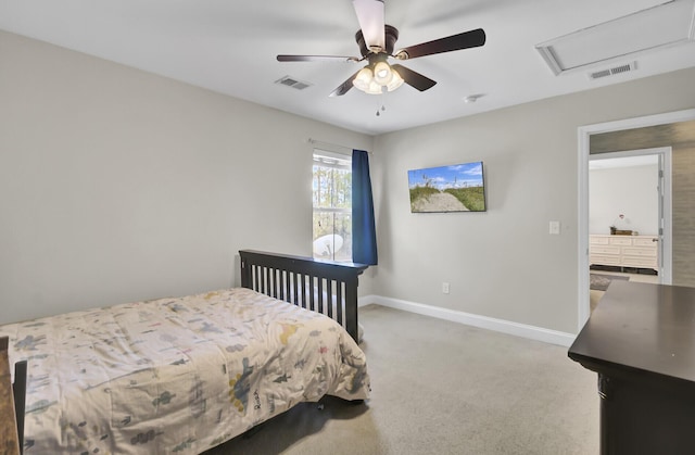 carpeted bedroom with ceiling fan