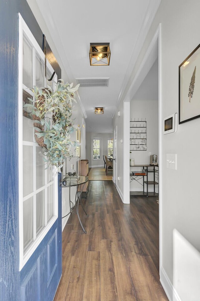 corridor featuring dark wood-type flooring