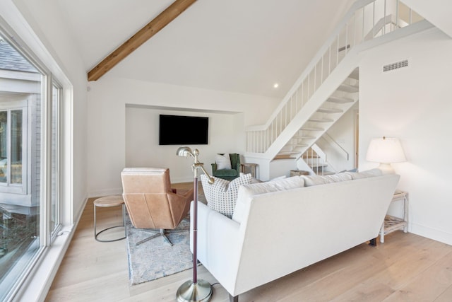 1505 Marsh Hvn, Johns Island, SC 29455 - living area featuring light wood-style floors, beam ceiling, stairs, baseboards, and recessed lighting