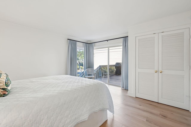 bedroom featuring access to exterior and light wood-type flooring