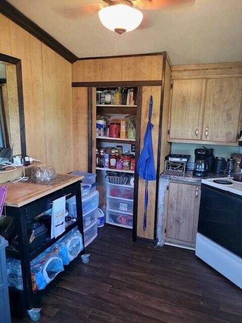 kitchen featuring ornamental molding, white range with electric cooktop, dark wood-type flooring, and wood walls