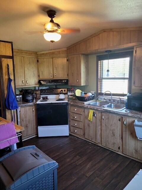 kitchen featuring white electric range oven, ceiling fan, ventilation hood, lofted ceiling, and dark wood-type flooring