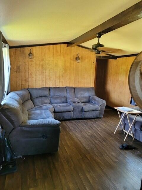 living room with wood walls, dark wood-type flooring, beamed ceiling, and ceiling fan