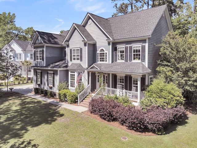view of front of house featuring a porch, a shingled roof, and a front yard