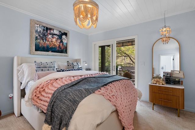 bedroom featuring a chandelier, access to outside, light colored carpet, and crown molding