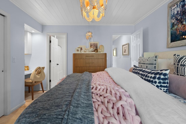 bedroom featuring crown molding, a chandelier, and wood ceiling