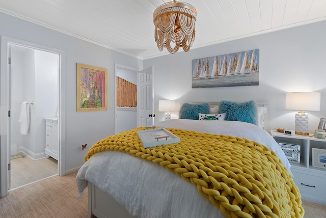 bedroom with a chandelier, crown molding, baseboards, and light carpet