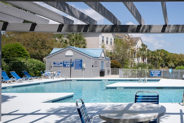 community pool with fence and a patio