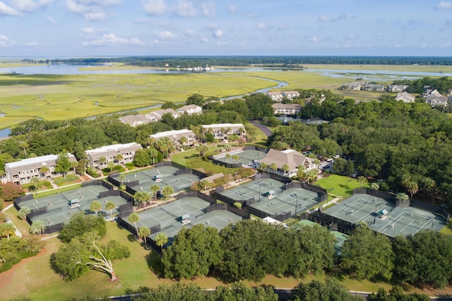 birds eye view of property featuring a water view and a residential view