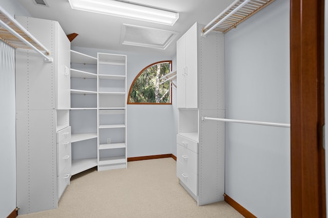 walk in closet featuring light carpet