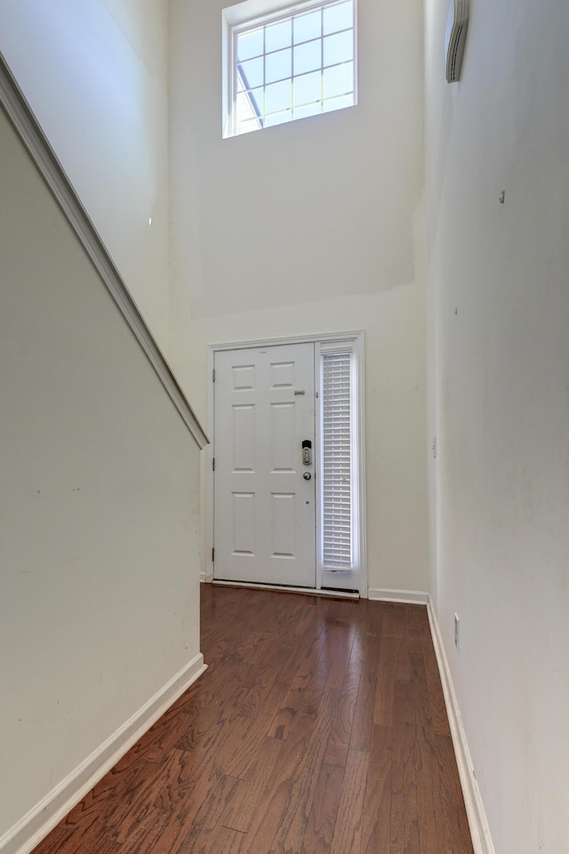 entryway with dark hardwood / wood-style flooring and a high ceiling