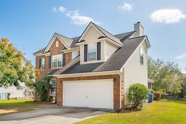 view of front of property featuring a garage and a front yard