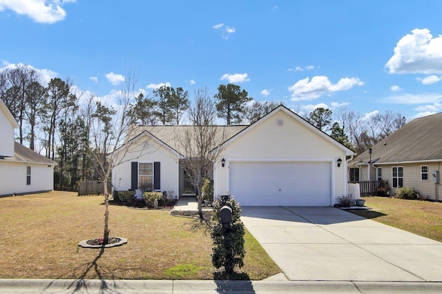 ranch-style home featuring a garage, a front lawn, and concrete driveway