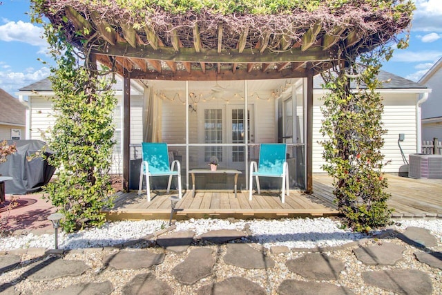 exterior space with a pergola, area for grilling, and central air condition unit