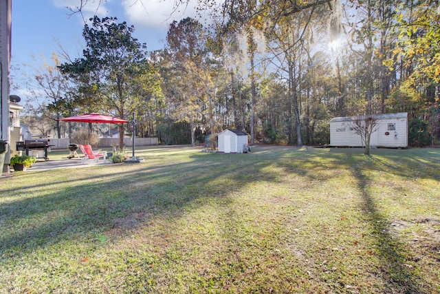 view of yard with a patio and a shed