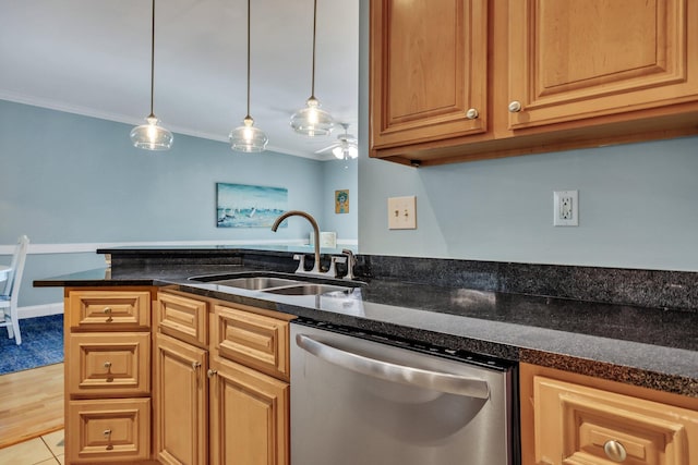 kitchen with ceiling fan, dishwasher, sink, pendant lighting, and ornamental molding