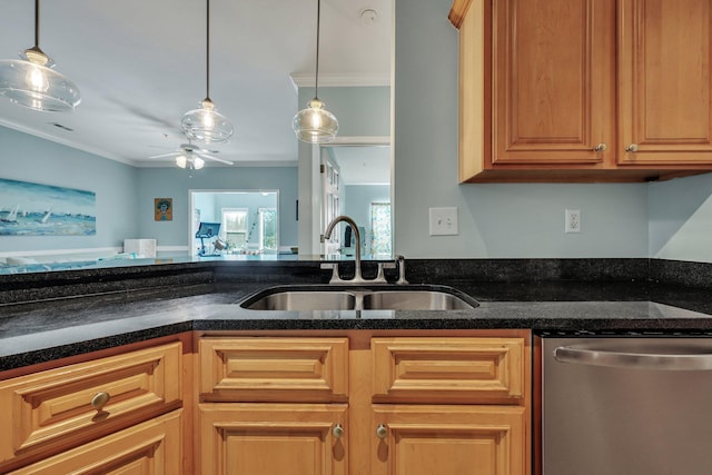 kitchen with ceiling fan, sink, stainless steel dishwasher, decorative light fixtures, and ornamental molding