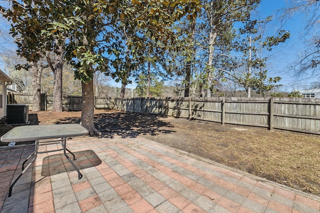 view of patio featuring a fenced backyard and central AC unit