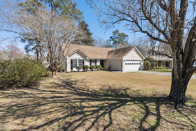 single story home with an attached garage, driveway, and a front yard