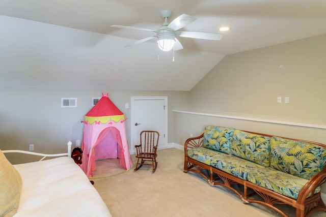 bedroom with carpet floors, lofted ceiling, visible vents, a ceiling fan, and baseboards