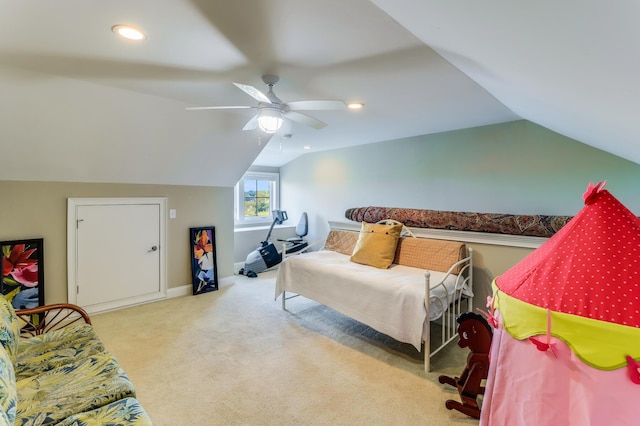 carpeted bedroom with vaulted ceiling, ceiling fan, baseboards, and recessed lighting