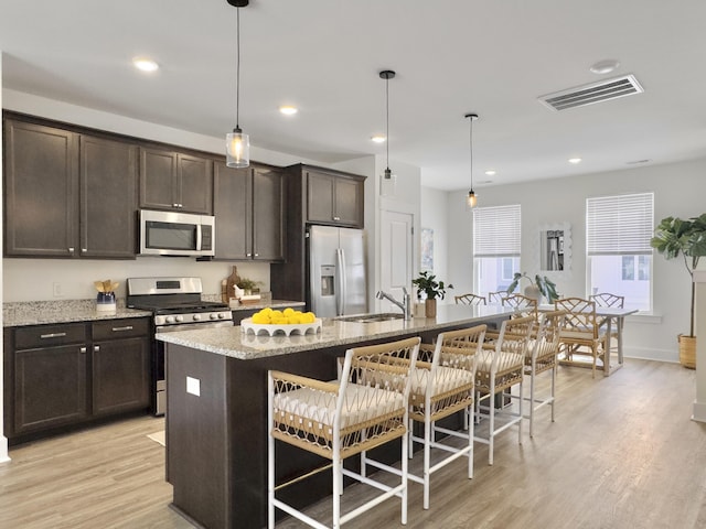 kitchen with light wood finished floors, visible vents, stainless steel appliances, a kitchen bar, and a sink