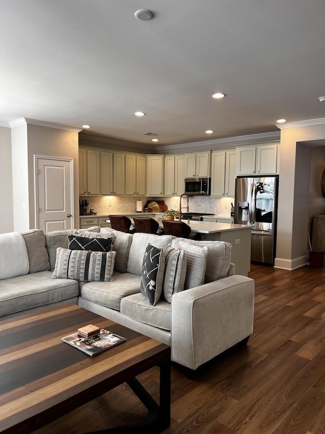 living room featuring crown molding and dark wood-type flooring