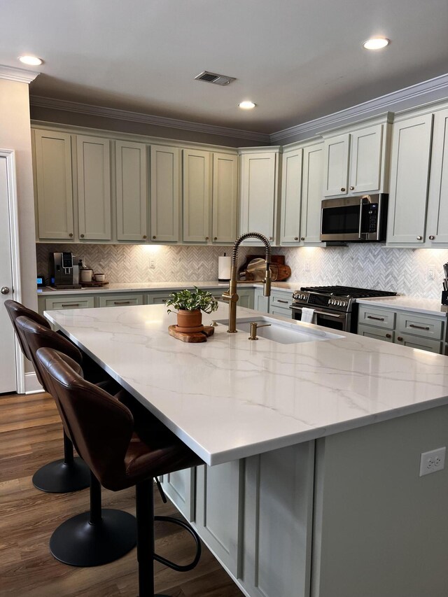 kitchen with sink, light stone counters, stainless steel appliances, dark wood-type flooring, and a center island with sink